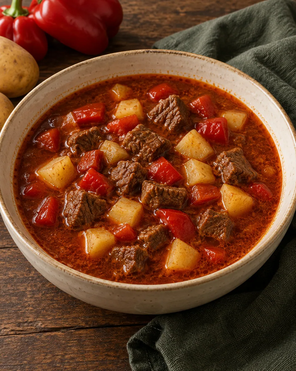 Rote Gulaschsuppe mit kleinen Rindfleischwürfeln, Kartoffeln und Paprika