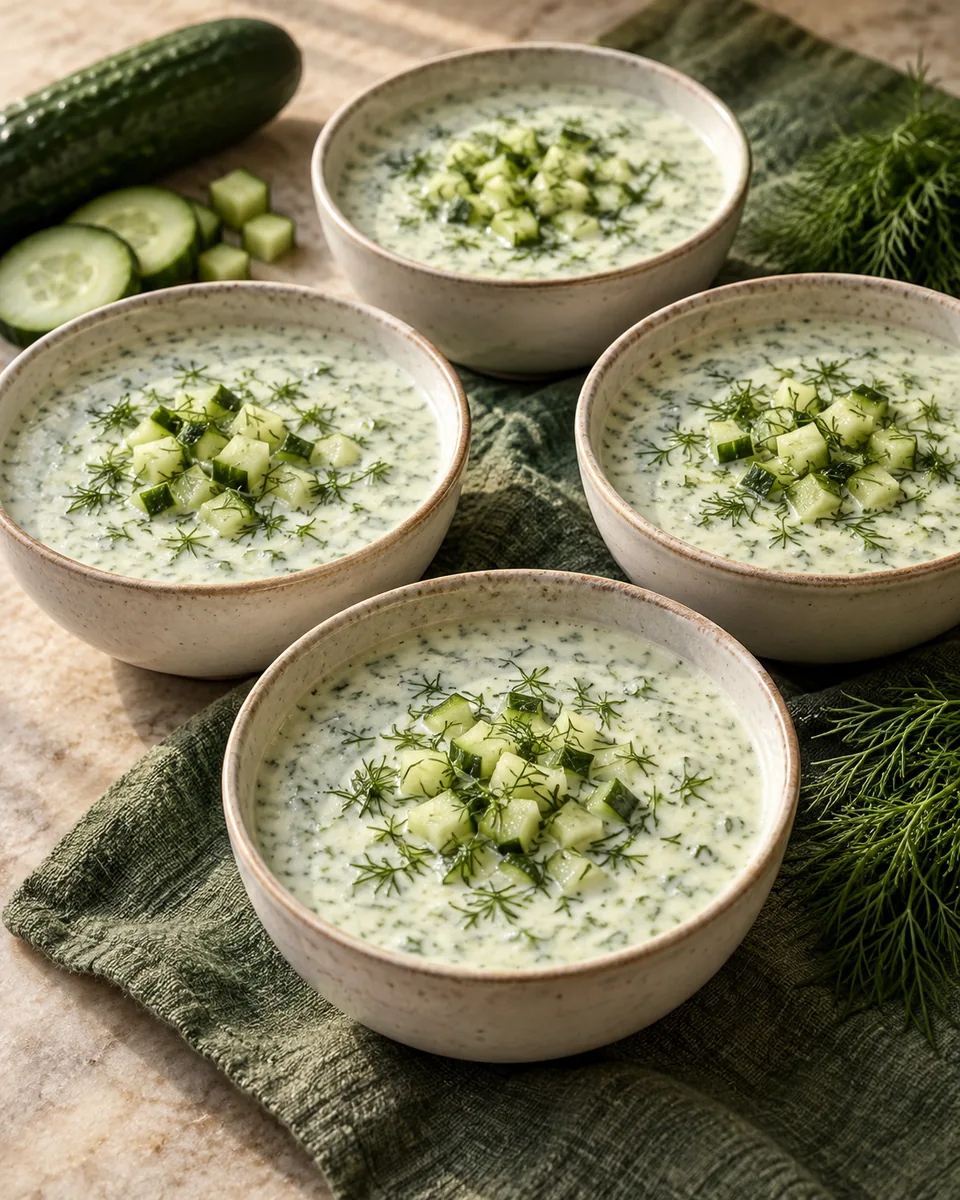 Helle Gurkenkaltschale mit Gurkenwürfeln und Dill