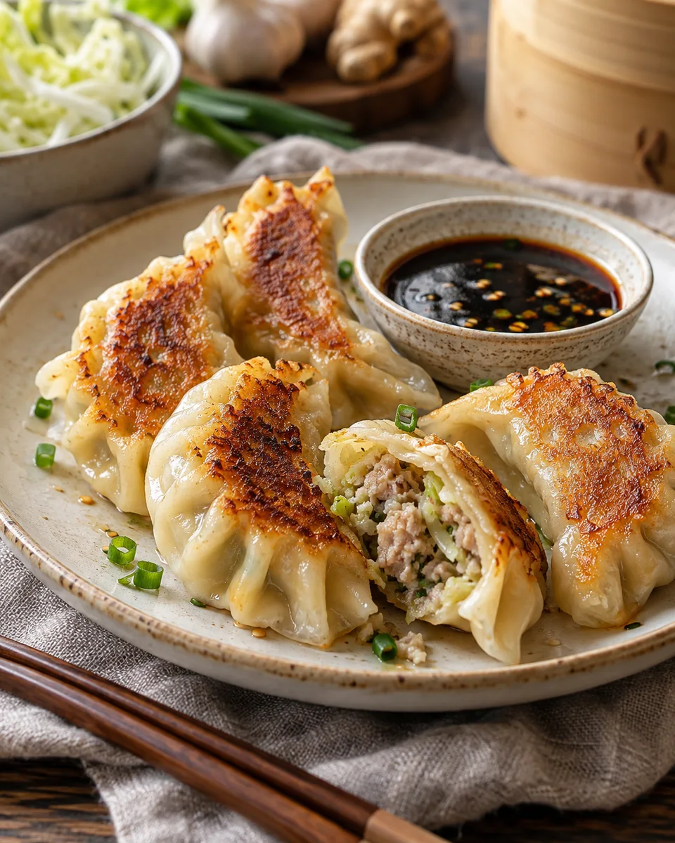 Gyoza mit Schweinehack und Chinakohl, als fertiges Gericht angerichtet. KI-generierte Rezeptillustration.
