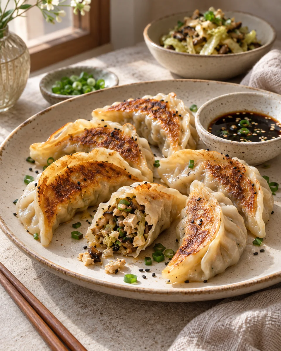 Vegane Gyoza mit Pilzen, Kohl und Tofu, als fertiges Gericht angerichtet. KI-generierte Rezeptillustration.