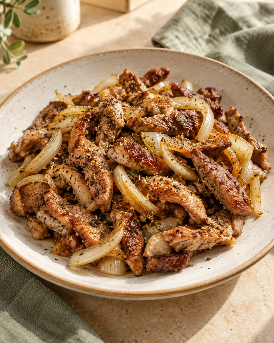 Gyros-Pfanne aus Schweinefleisch – appetitlich angerichtete Rezeptillustration