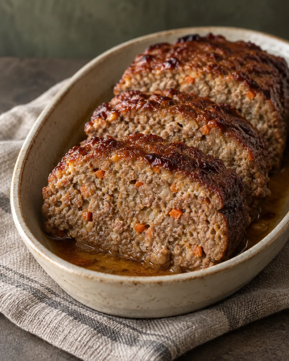 Aufgeschnittener Hackbraten mit feinen Möhrenstückchen und brauner Kruste