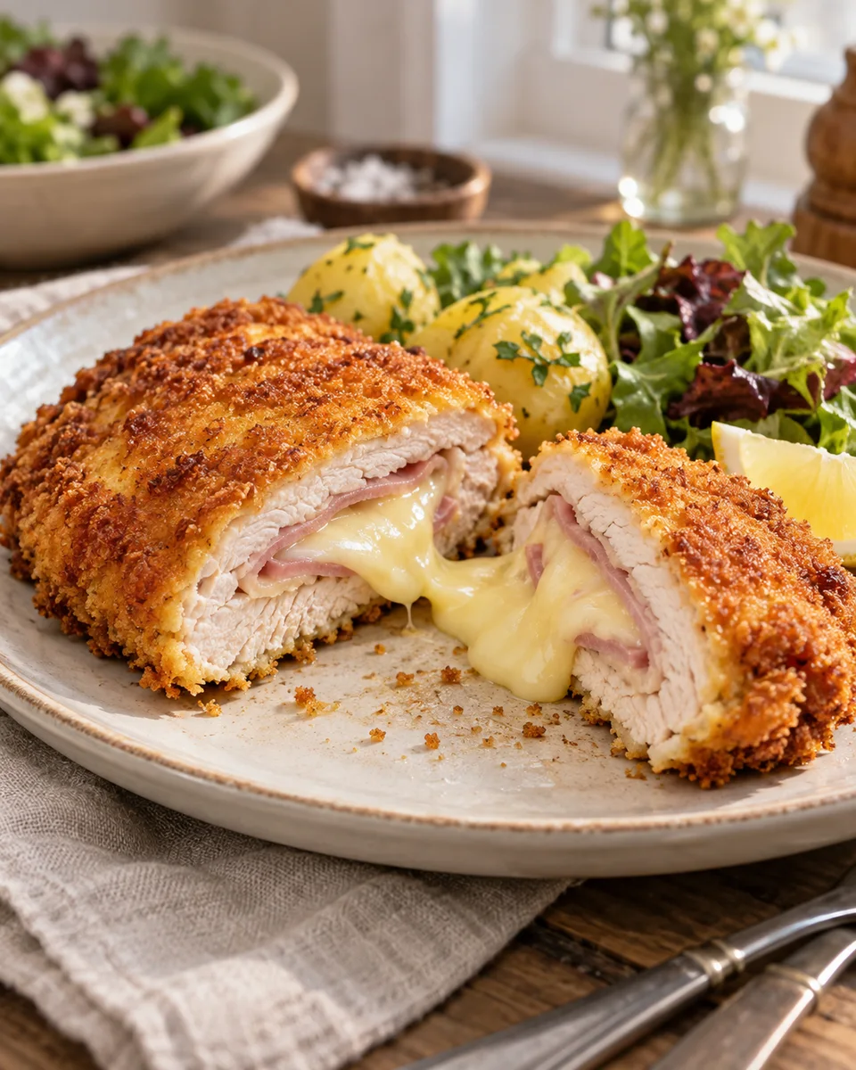 Hähnchen Cordon Bleu mit Schinken und Käse, als fertiges Gericht angerichtet. KI-generierte Rezeptillustration.