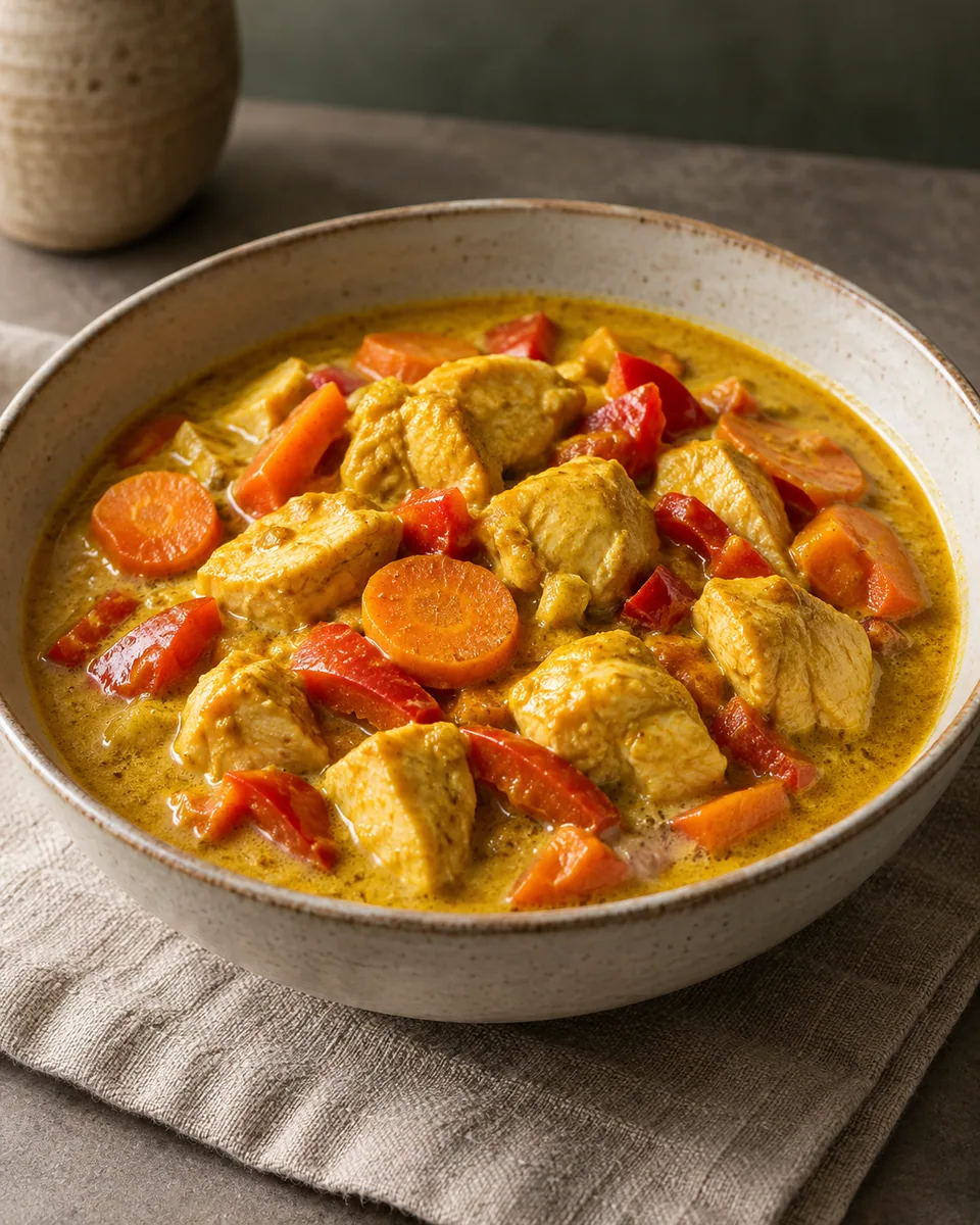 Gelbes Kokoscurry mit Hähnchenwürfeln, Möhrenscheiben und roter Paprika