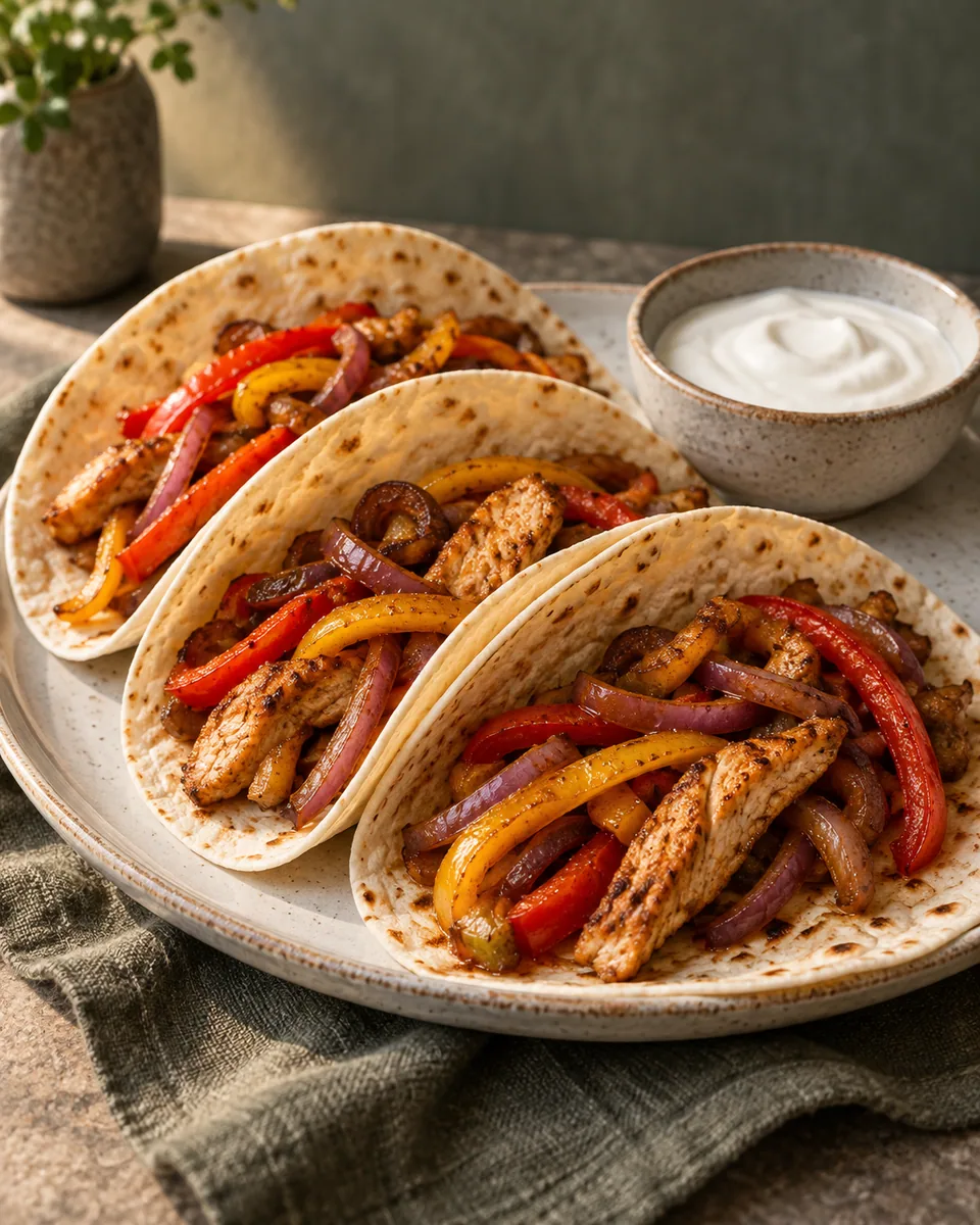 Offene Tortillas mit gegarten Hähnchenstreifen, roter und gelber Paprika und Zwiebeln