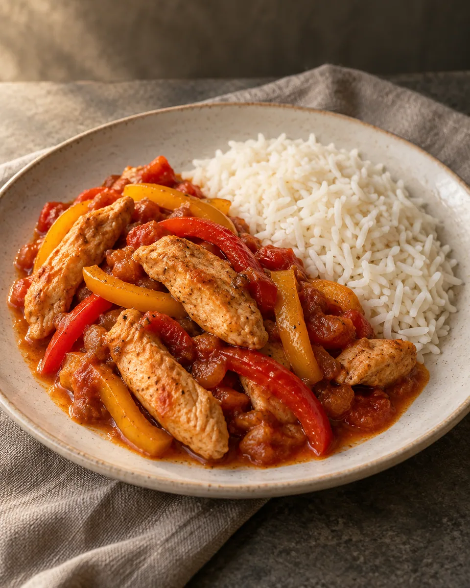 Hähnchenstreifen und rote sowie gelbe Paprika in Tomatensauce neben weißem Reis