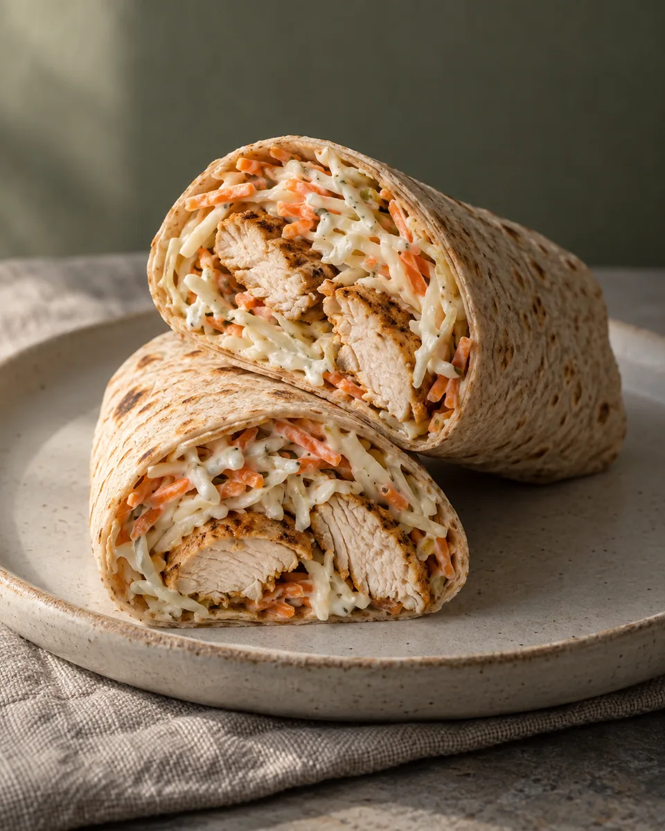 Halbierte Tortilla-Wraps mit vollständig gegartem Hähnchen, Weißkohl und Möhren