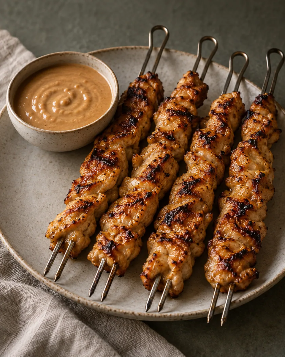 Gegrillte Hähnchenstreifen auf vier Metallspießen neben einem Schälchen Erdnussdip