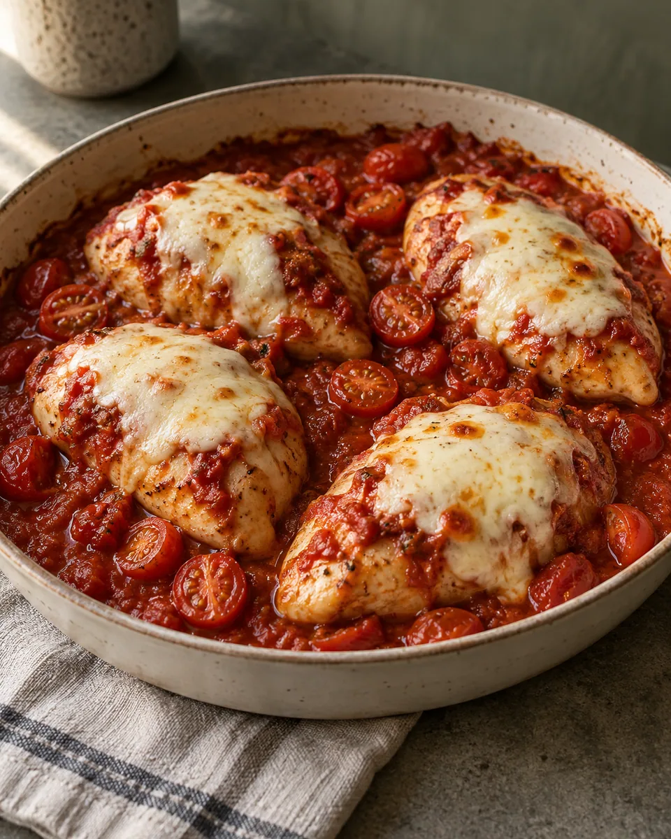 Vier Hähnchenbrustfilets mit geschmolzenem Mozzarella in roter Tomatensauce