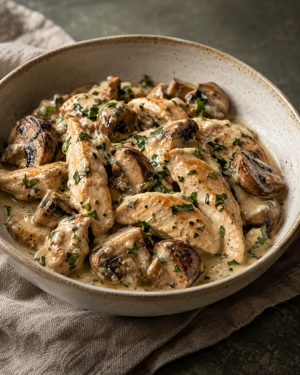 Hähnchenstreifen mit Champignons in heller Sauce mit gehackter Petersilie