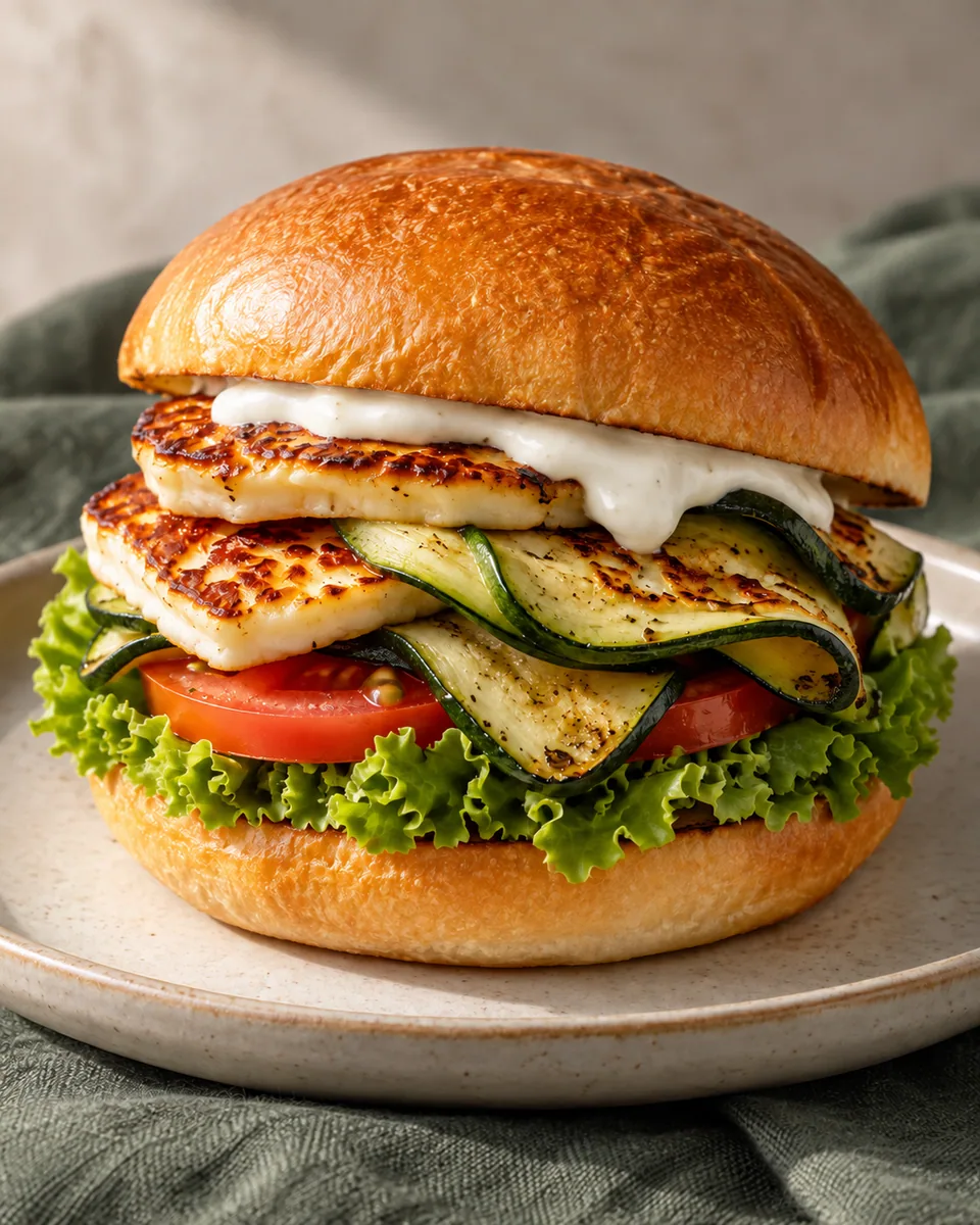 Halloumi-Burger mit gebräuntem Käse, Zucchini, Tomate und Salat
