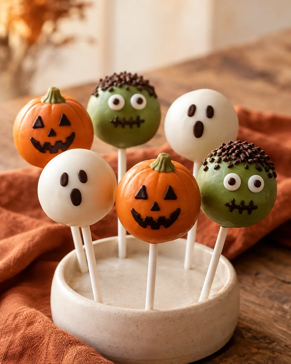 Runde orange Cake Pops am Stiel mit dunklen Kürbisgesichtern