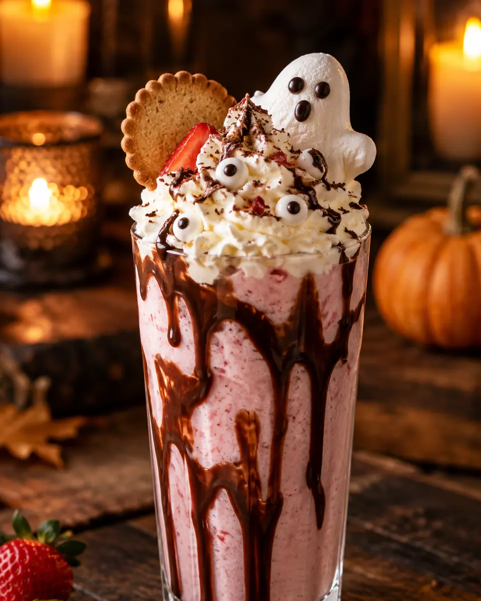 Erdbeer-Vanille-Freakshake im hohen Glas mit Schokorand, Sahne, rundem Butterkeks, Schokoraspeln, Zuckeraugen und weißem Marshmallow-Geist