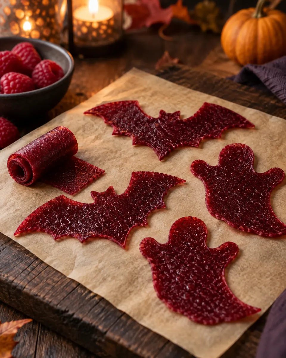 Dünnes rotes Beeren-Fruchtleder als Fledermäuse, Geister und aufgerollte Streifen auf Backpapier