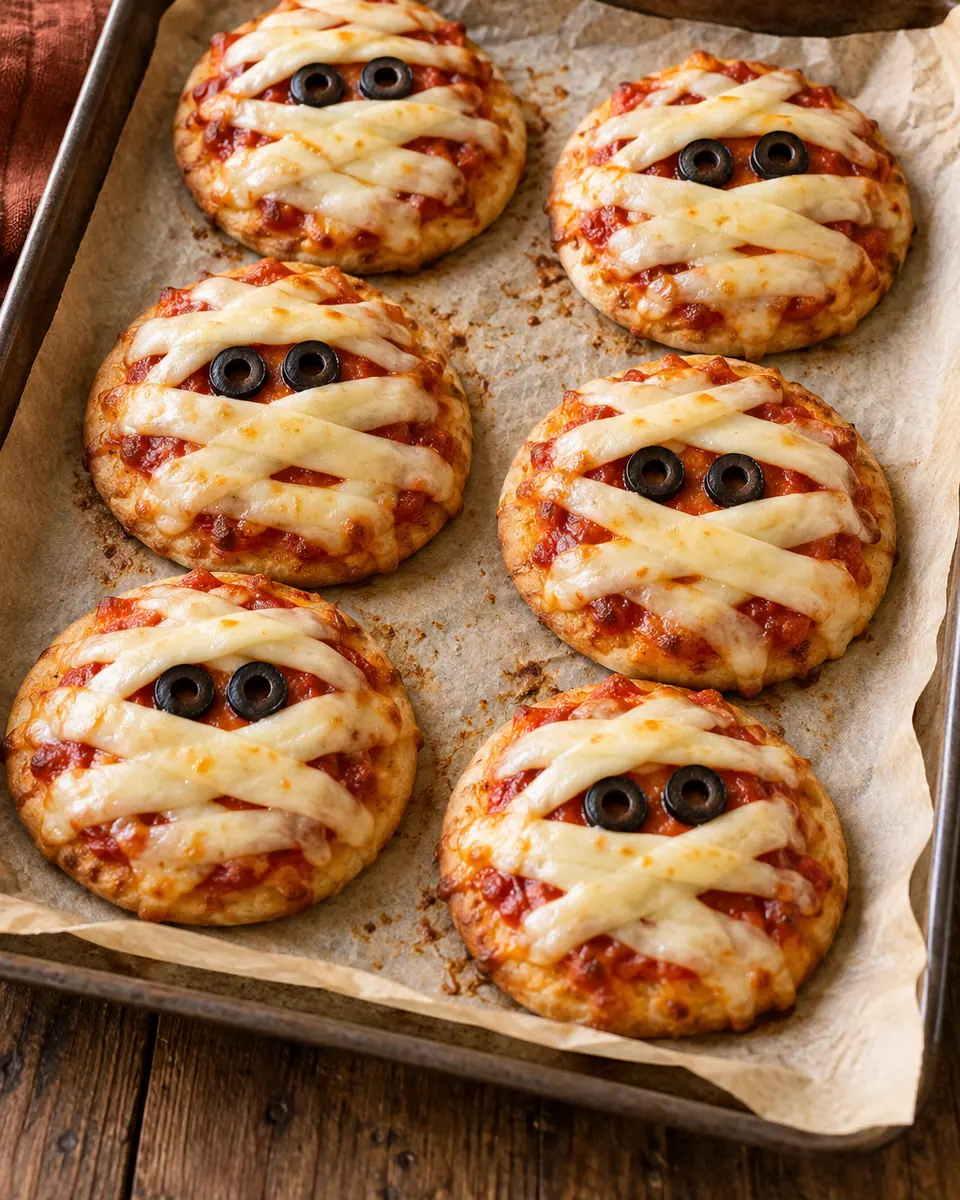 Runde Mini-Pizzen mit hellen Käsebinden und je zwei dunklen Olivenaugen