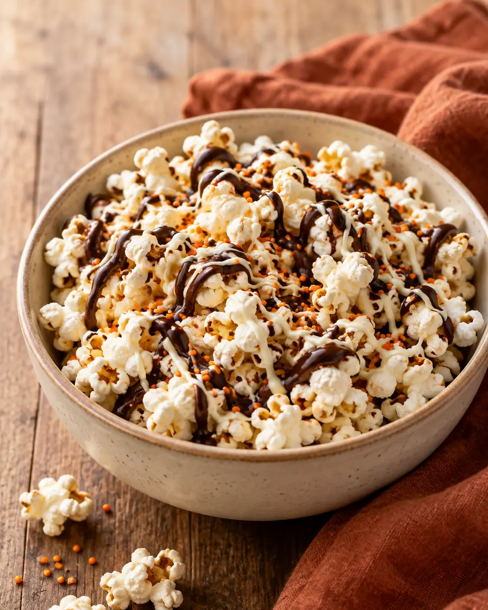Luftiges Popcorn mit dünnen orangefarbenen und dunklen Glasurstreifen, Streuseln und Zuckeraugen
