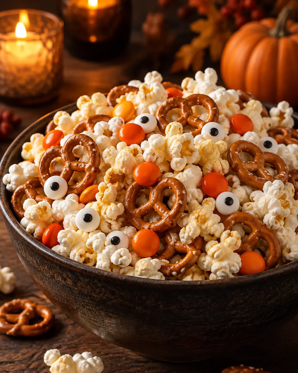 Lockerer Mix aus hellem Popcorn, Mini-Brezeln, orangefarbenen Schokolinsen und losen Zuckeraugen