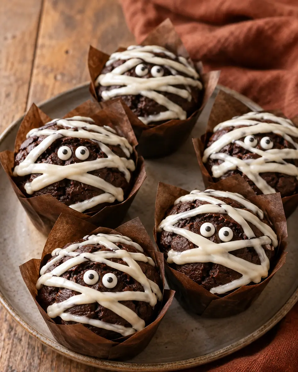 Dunkle Schokomuffins mit weißen Glasurstreifen als Mumienbinden und je zwei Zuckeraugen
