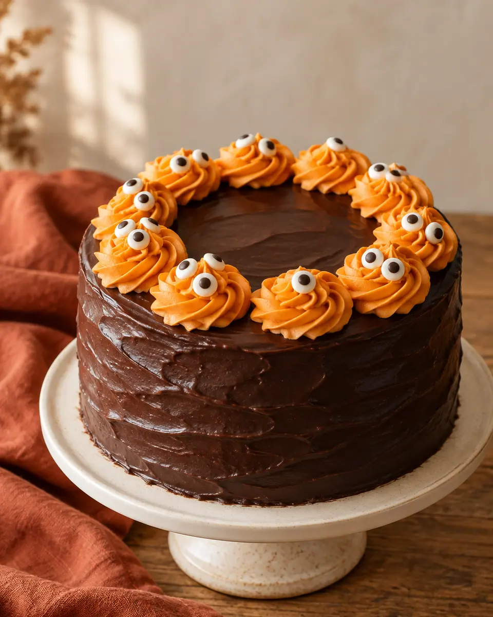 Schokokuchenstücke mit dunklem Guss, orange-violetten Streuseln und weißen Zuckeraugen