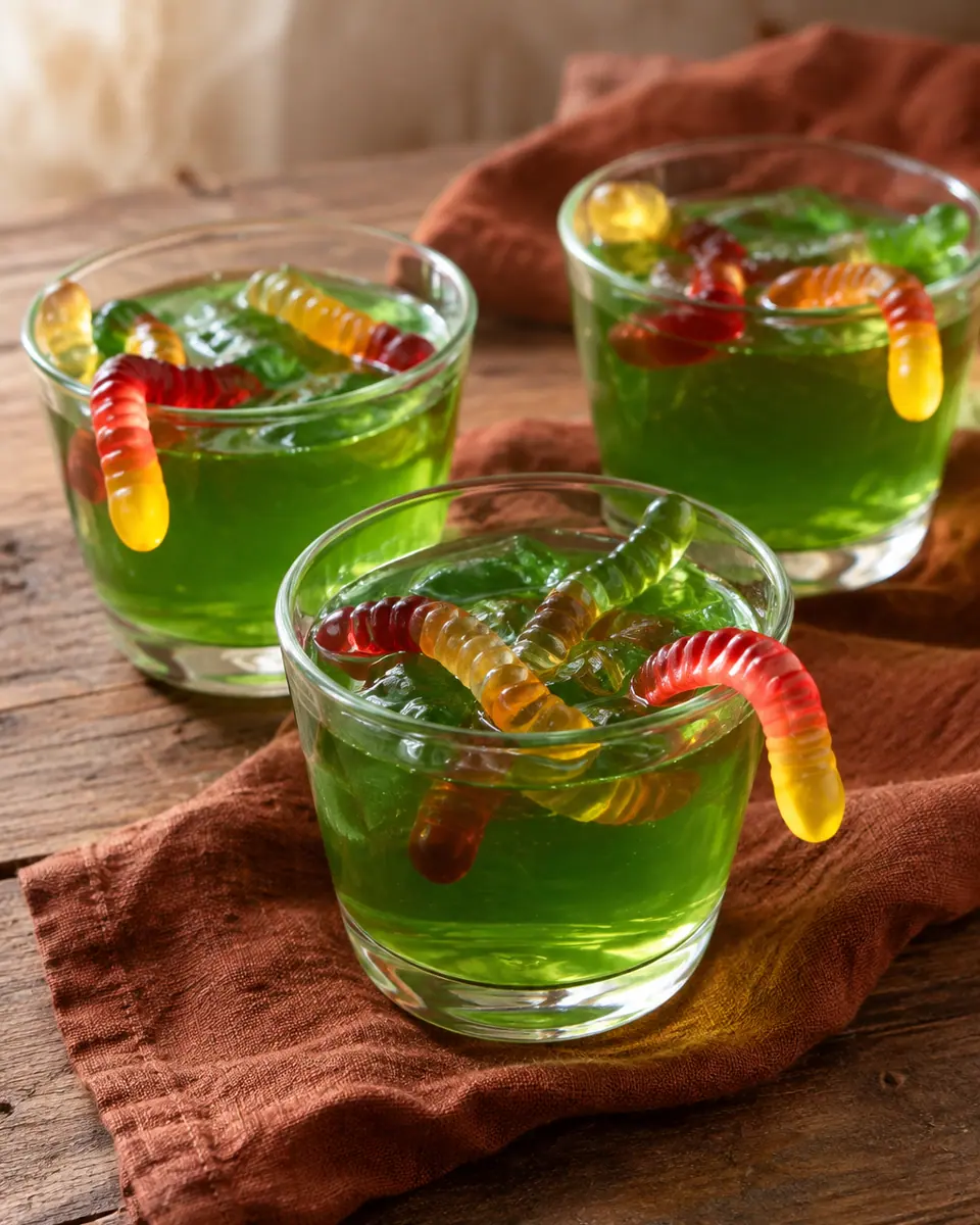 Grüner Wackelpudding in kleinen Gläsern mit bunten Fruchtgummi-Würmern