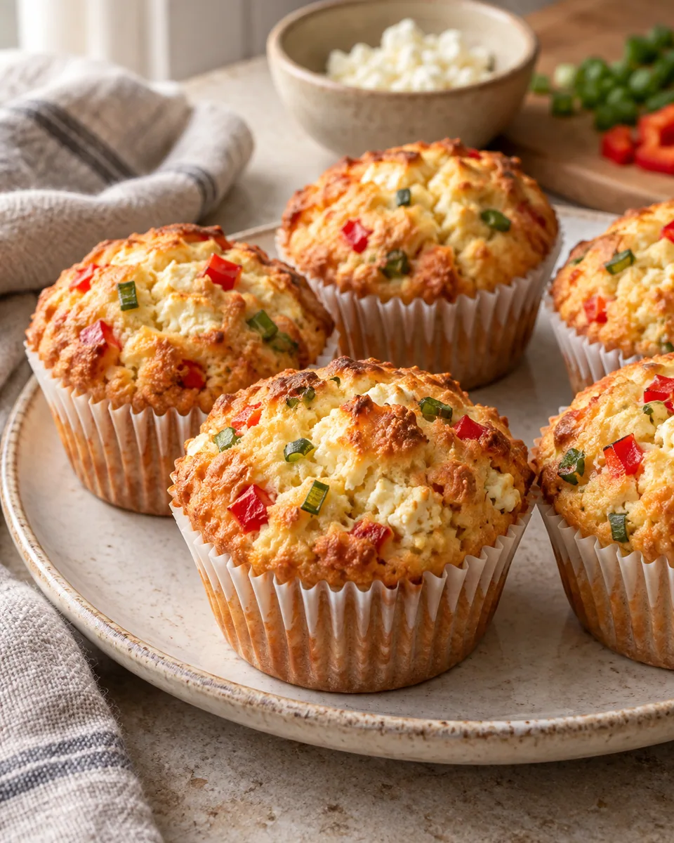 Herzhafte Muffins mit roten Paprikawürfeln, Feta und Frühlingszwiebeln