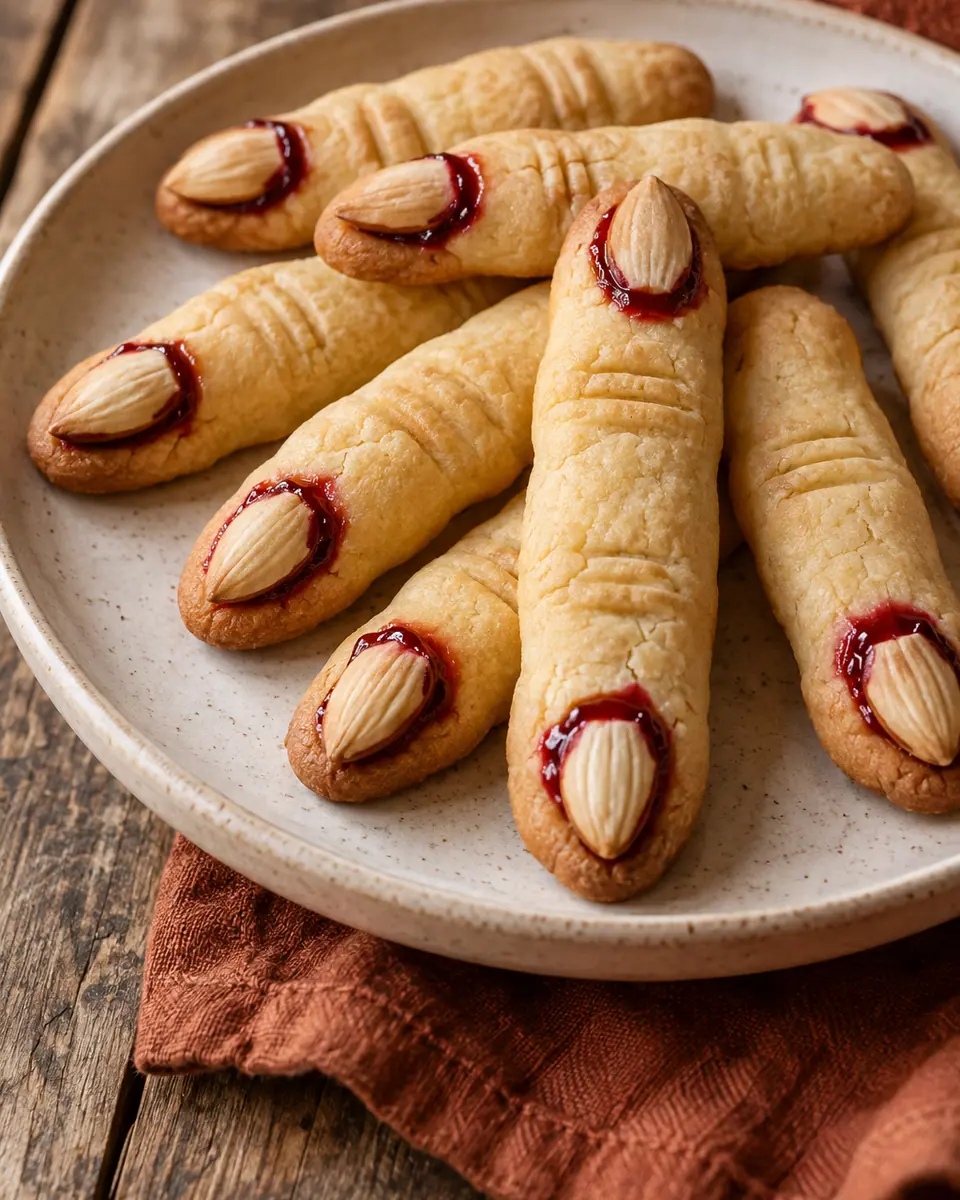 Goldene, fingerförmige Mürbeteigkekse mit Mandelnägeln und wenig roter Konfitüre