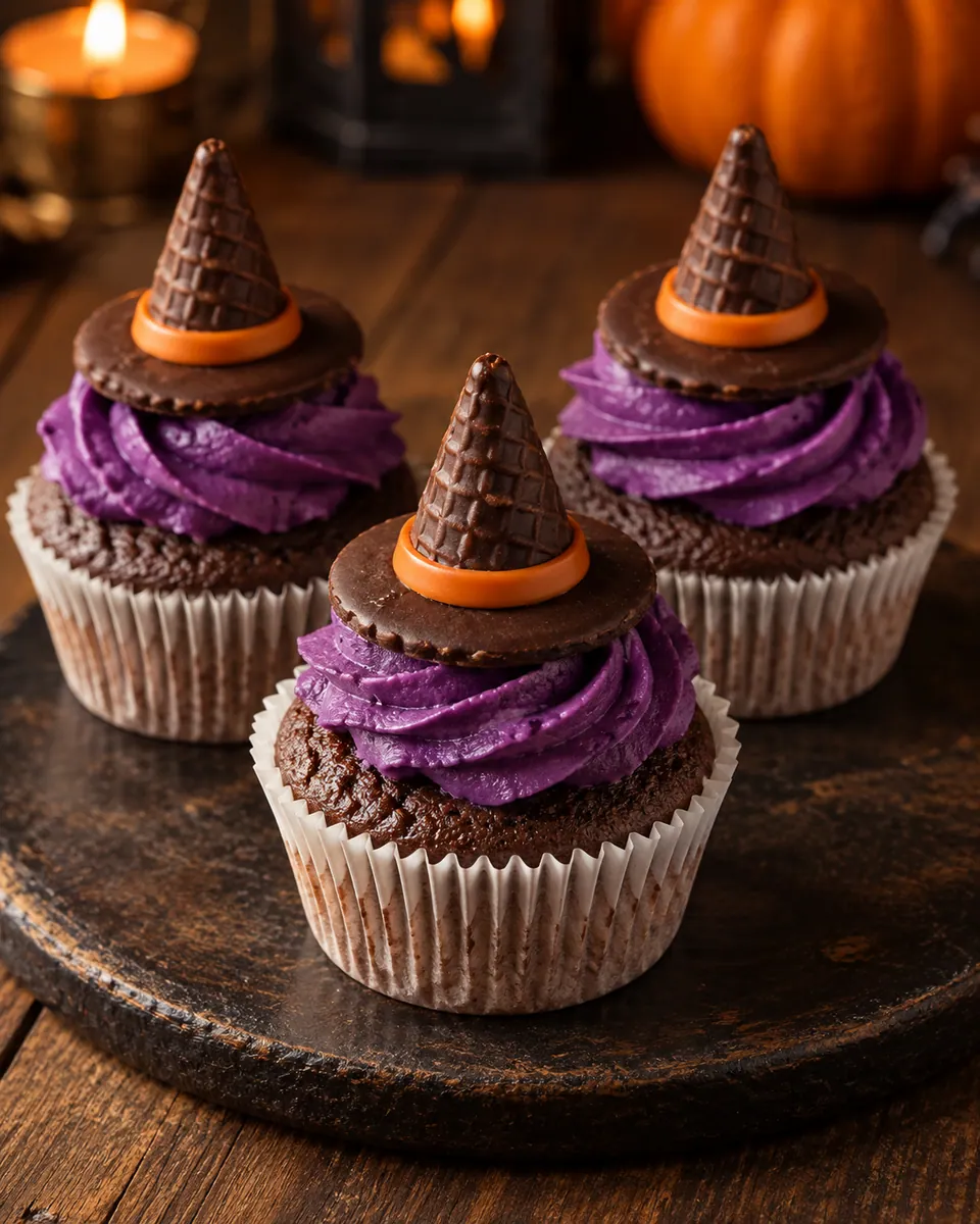 Schoko-Orangen-Cupcakes mit violetter Creme und dunklen Waffelhexenhüten mit orangefarbenem Hutband