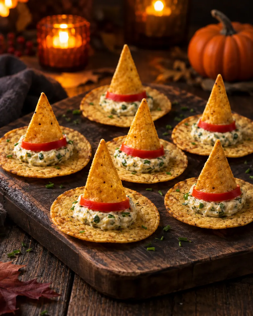Essbare Hexenhüte aus aufrechten Tortilladreiecken, Frischkäse und Paprikaband auf runden Chips