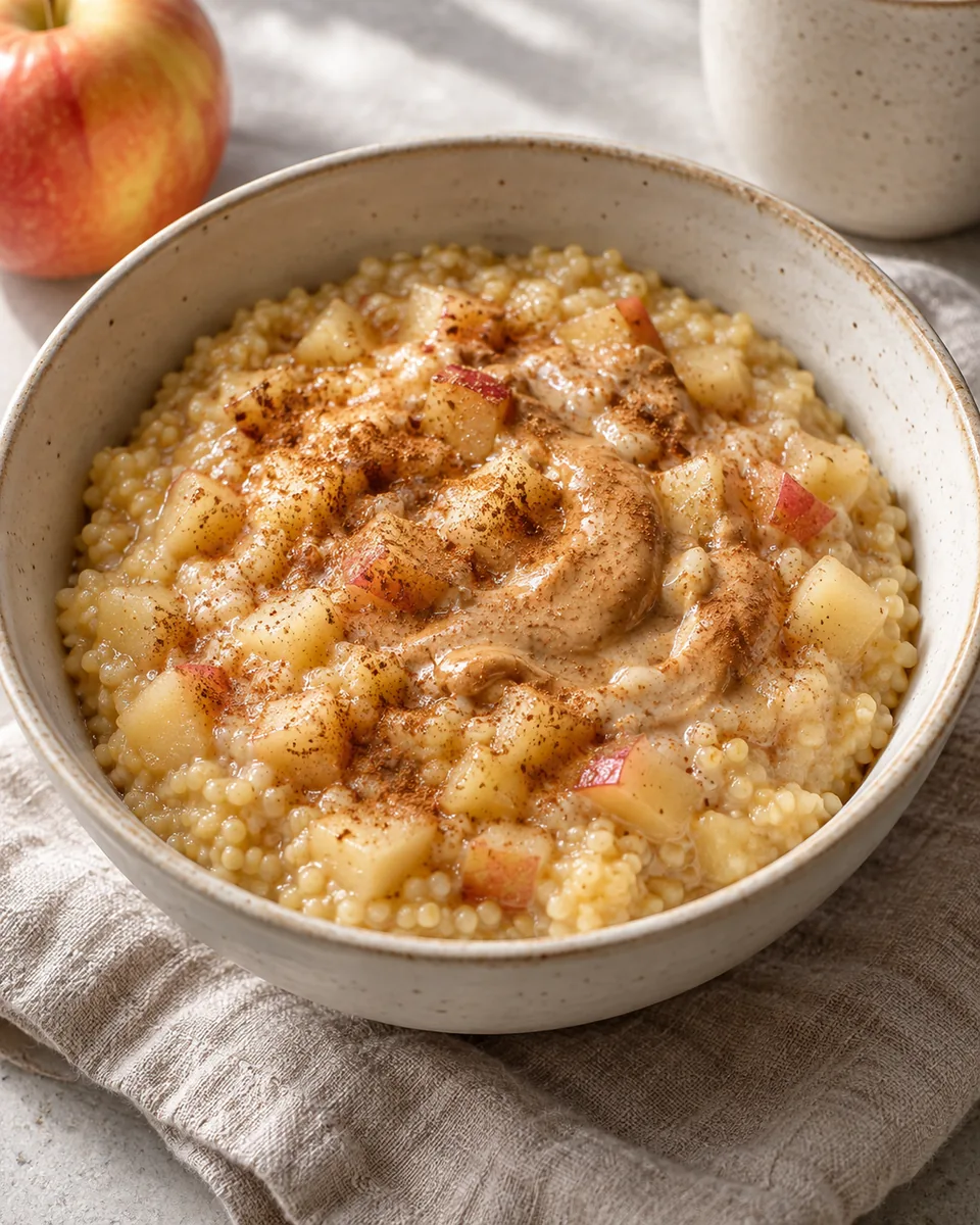 Hirsebrei mit Apfel und Zimt, passend zu den beschriebenen Zutaten angerichtet. KI-generierte Rezeptillustration.