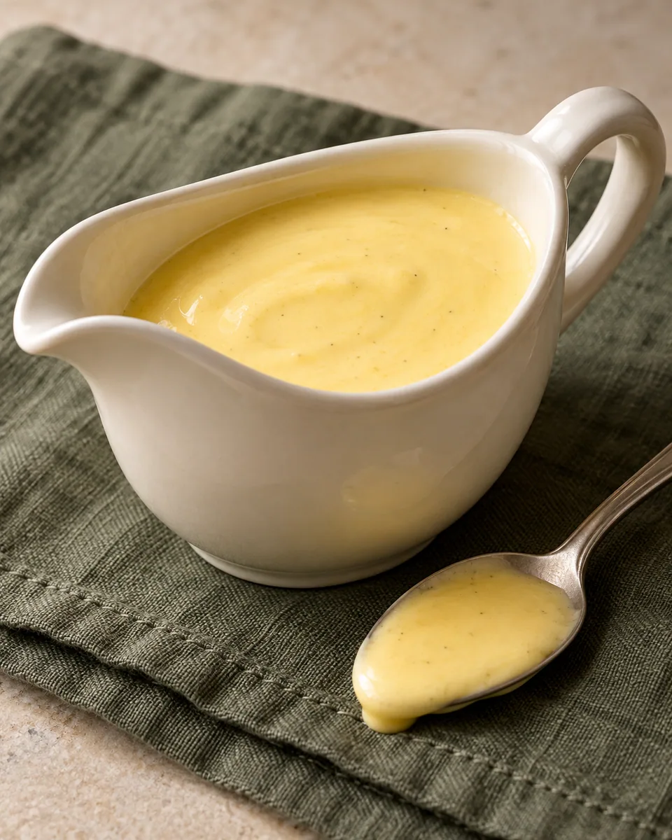 Hellgelbe Sauce Hollandaise mit glänzender Oberfläche in einer Sauciere