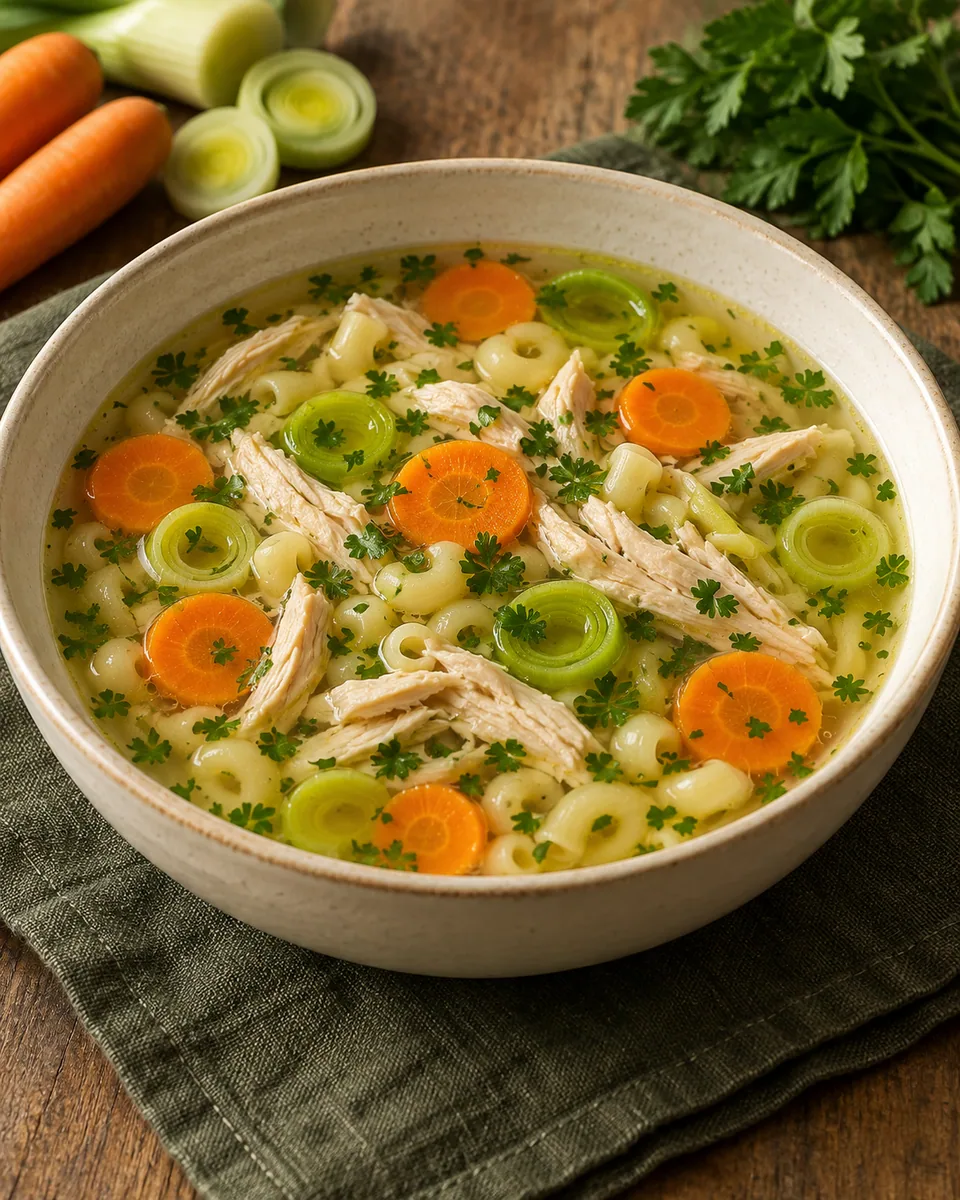 Klare Hühnersuppe mit gegartem Hähnchen, Möhren, Lauch und kleinen Nudeln