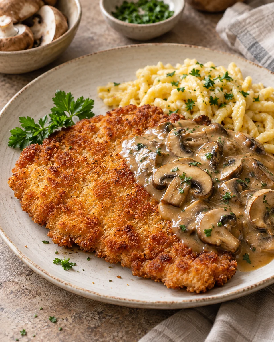 Jägerschnitzel mit cremiger Pilzrahmsauce, als fertiges Gericht angerichtet. KI-generierte Rezeptillustration.