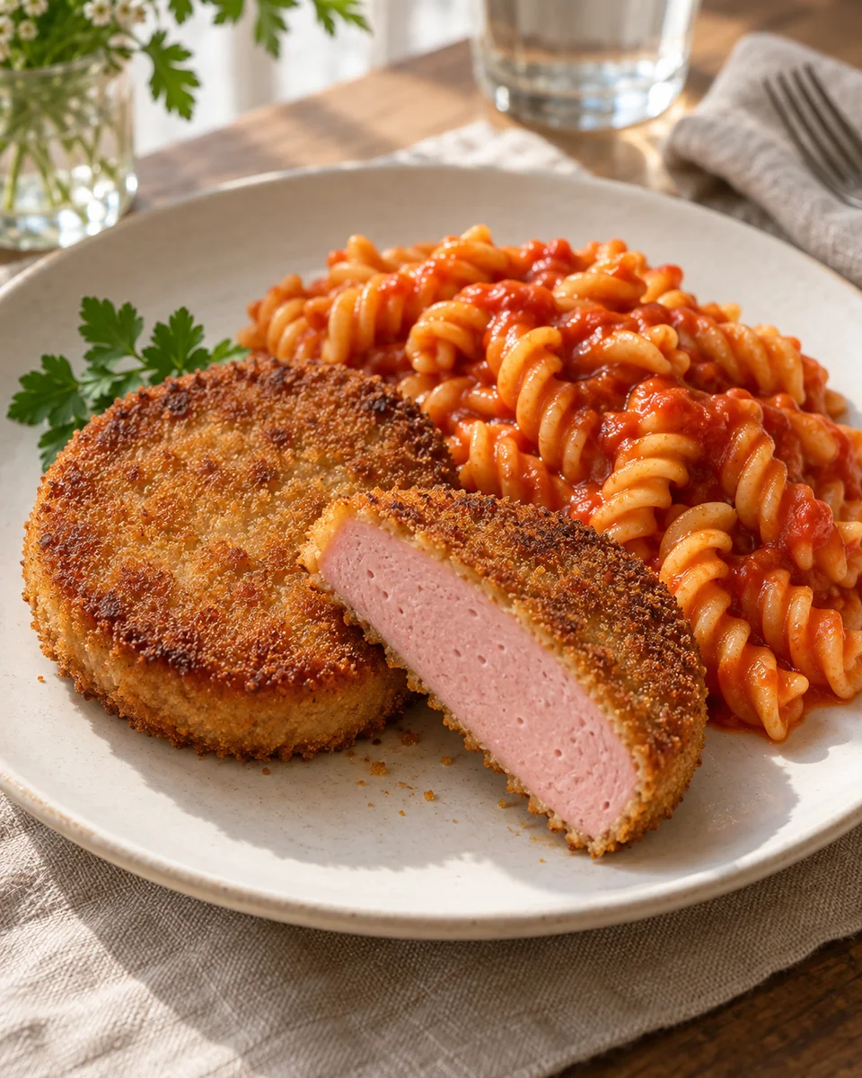 Jägerschnitzel DDR-Art mit Jagdwurst und Nudeln, als fertiges Gericht angerichtet. KI-generierte Rezeptillustration.