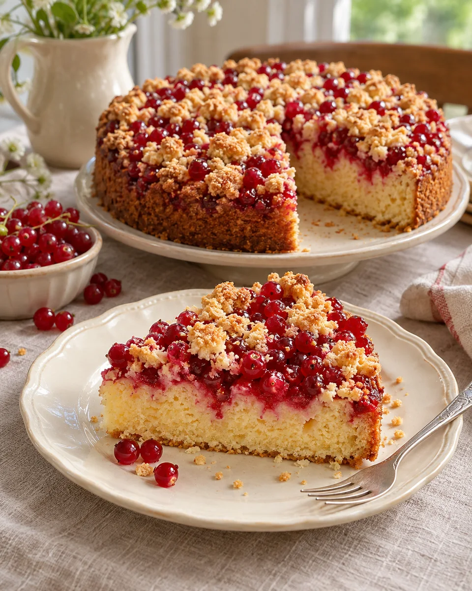 Johannisbeerkuchen mit goldenen Streuseln, als fertiges Gericht angerichtet. KI-generierte Rezeptillustration.
