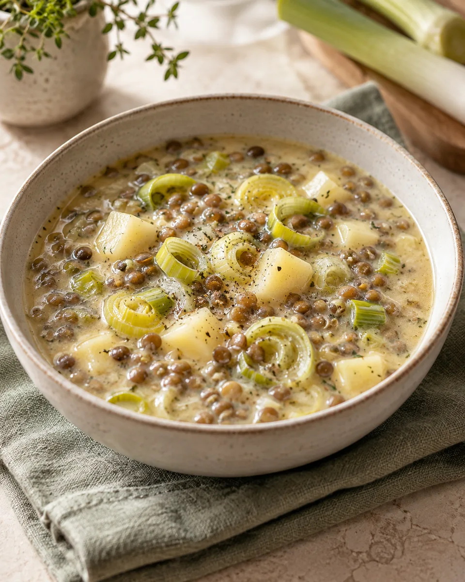 Vegetarische Käse-Lauch-Suppe mit Linsen – appetitlich angerichtete Rezeptillustration