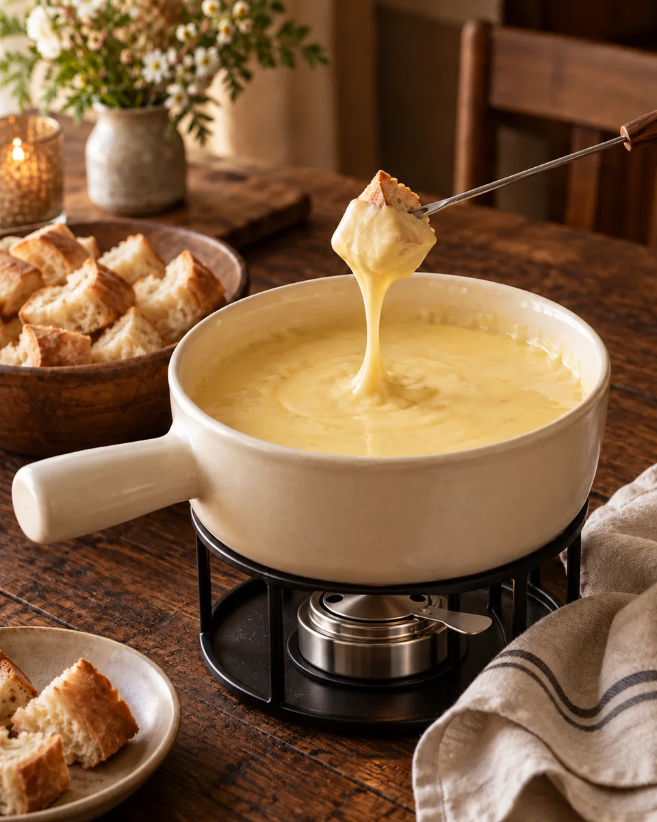 Cremiges Käsefondue in einem hellen Fonduetopf mit einem Brotwürfel an der Fonduegabel und Brotstücken daneben