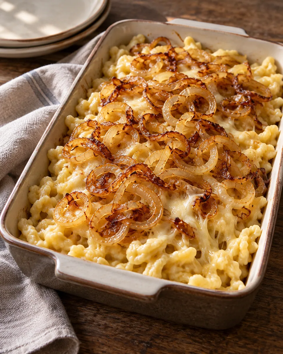 Käsespätzle mit goldbraunen Zwiebelringen