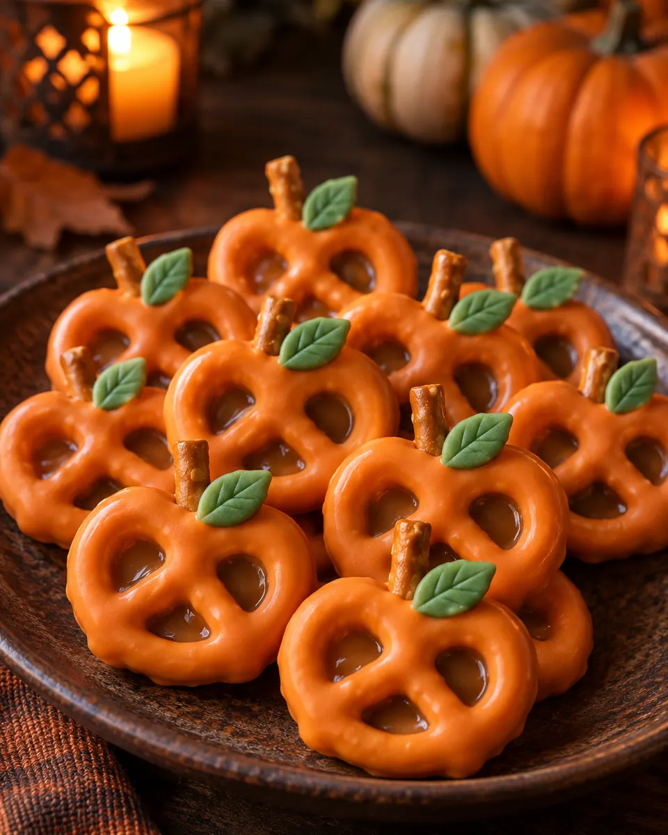 Orange überzogene kleine Brezelkürbisse mit kurzen Salzstangenstielen und grünen Fondantblättern