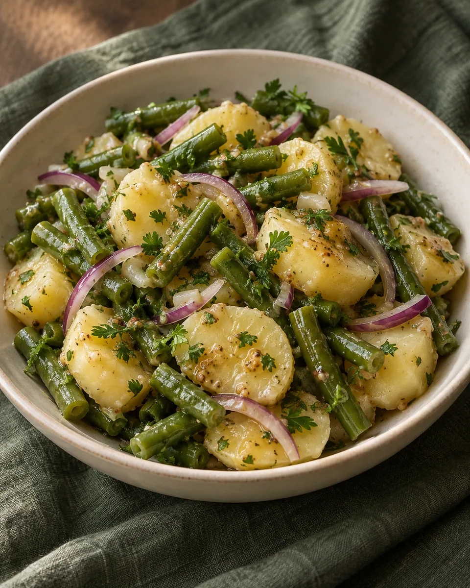 Kartoffelsalat mit grünen Bohnen, roten Zwiebeln und Senfdressing