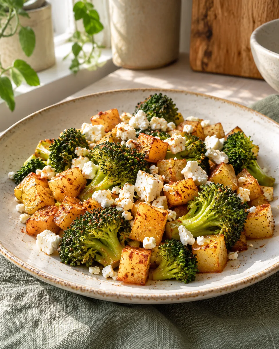 Kartoffel-Brokkoli-Pfanne mit Feta – KI-generierte Rezeptillustration