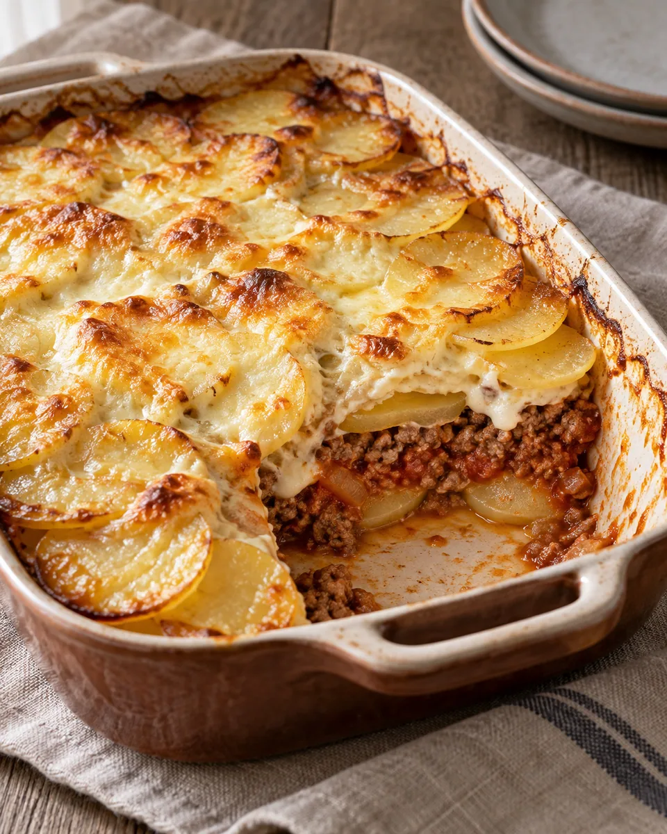 Kartoffel-Hack-Auflauf mit Tomatenfüllung und goldener Käsehaube