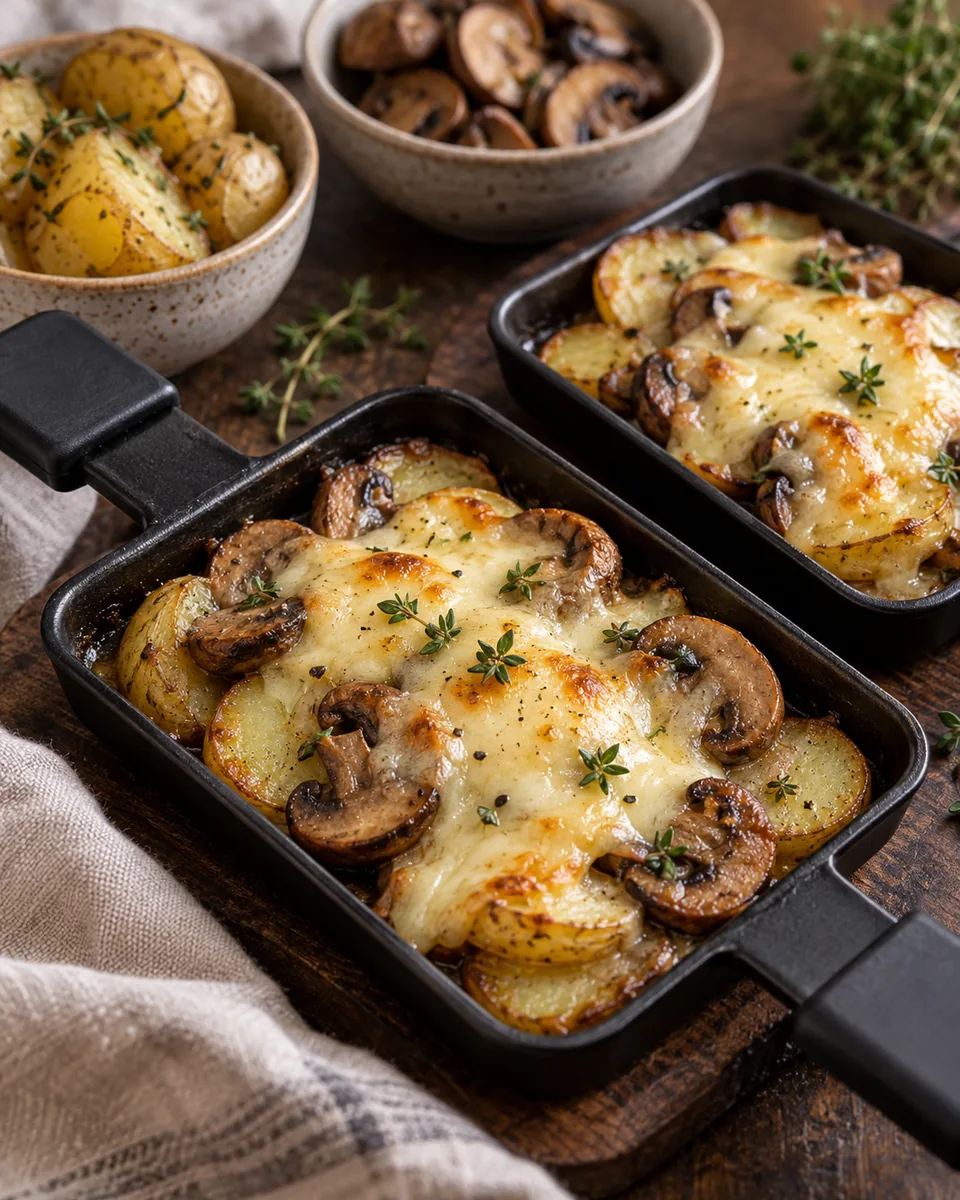 Raclettepfännchen mit Kartoffelscheiben, gebräunten Champignons, Thymian und goldgelb geschmolzenem Käse