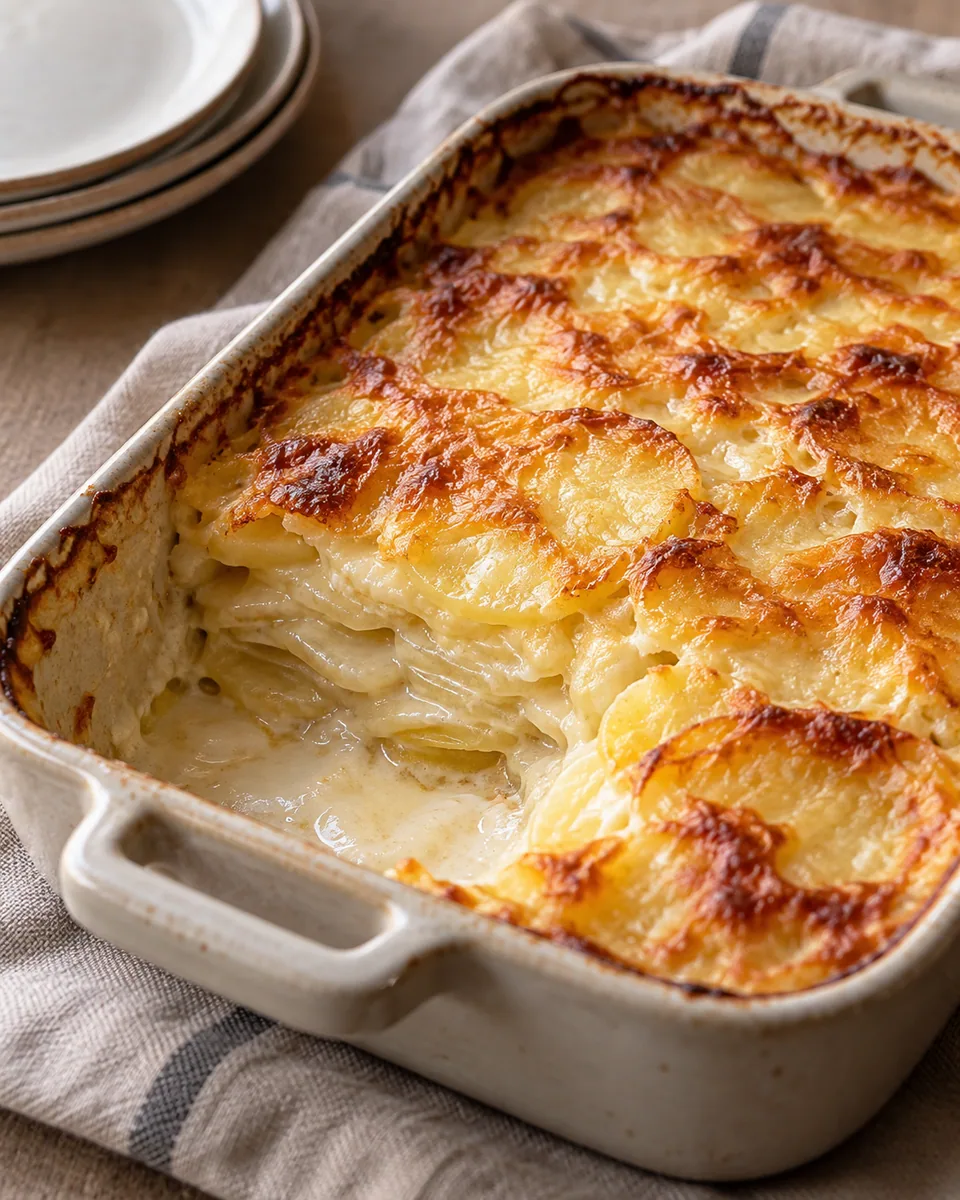 Kartoffelgratin mit goldener Käsekruste und sichtbaren dünnen Kartoffelschichten
