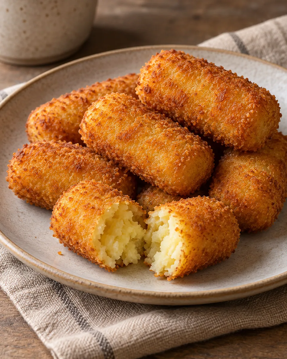 Goldgelb panierte Kartoffelkroketten mit weichem Kartoffelinneren