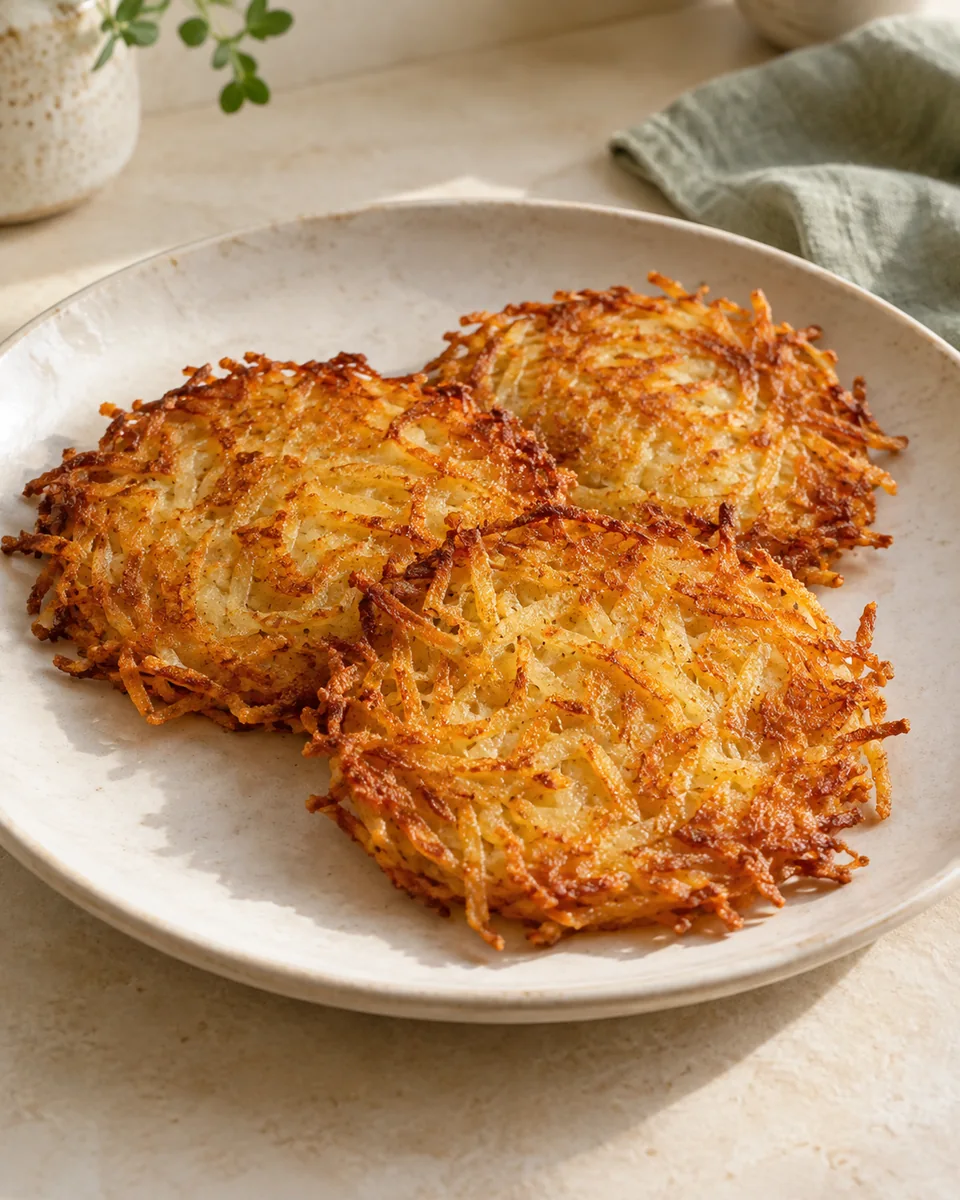 Vegane Kartoffelpuffer ohne Ei – appetitlich angerichtete Rezeptillustration