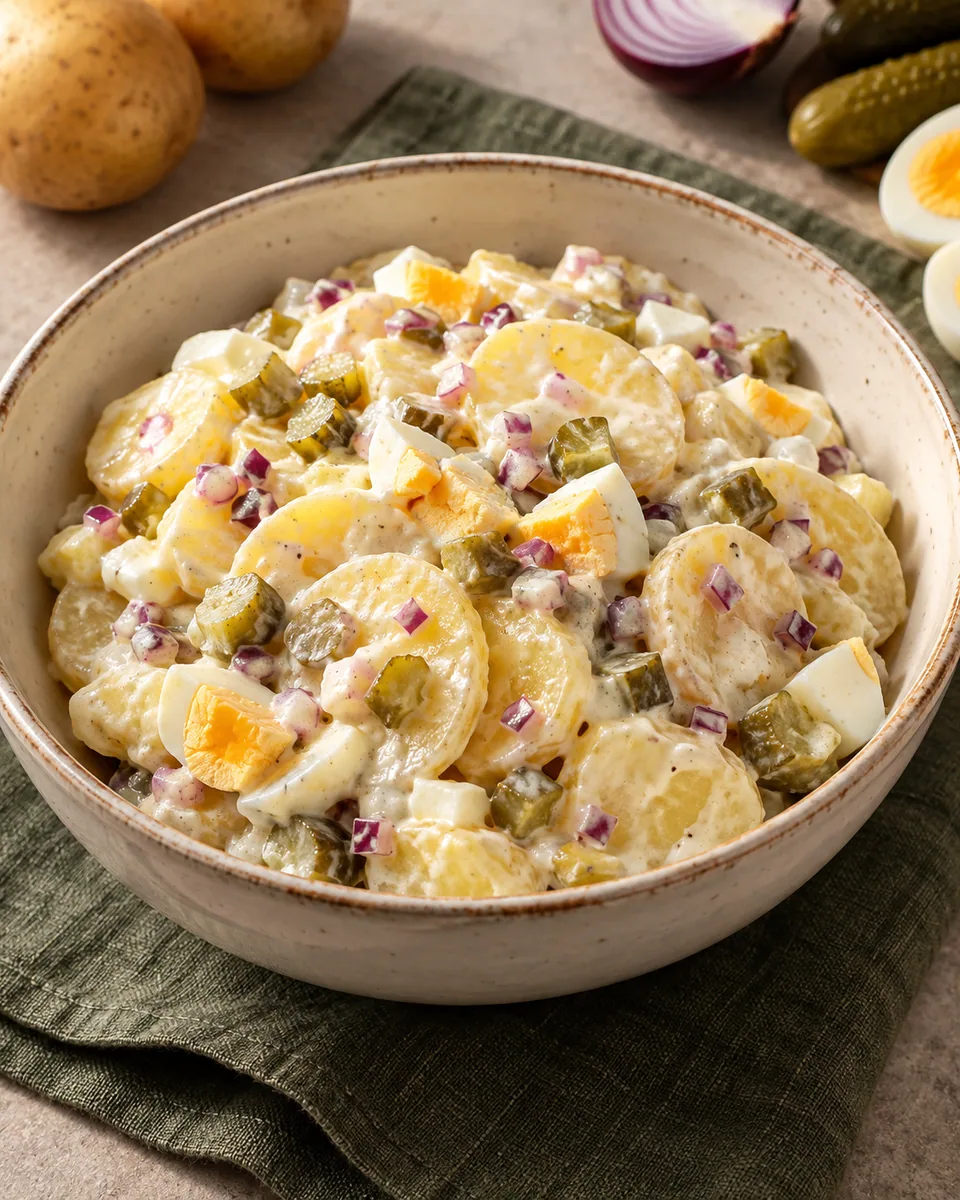 Cremiger Kartoffelsalat mit Ei, Gewürzgurken und roten Zwiebeln