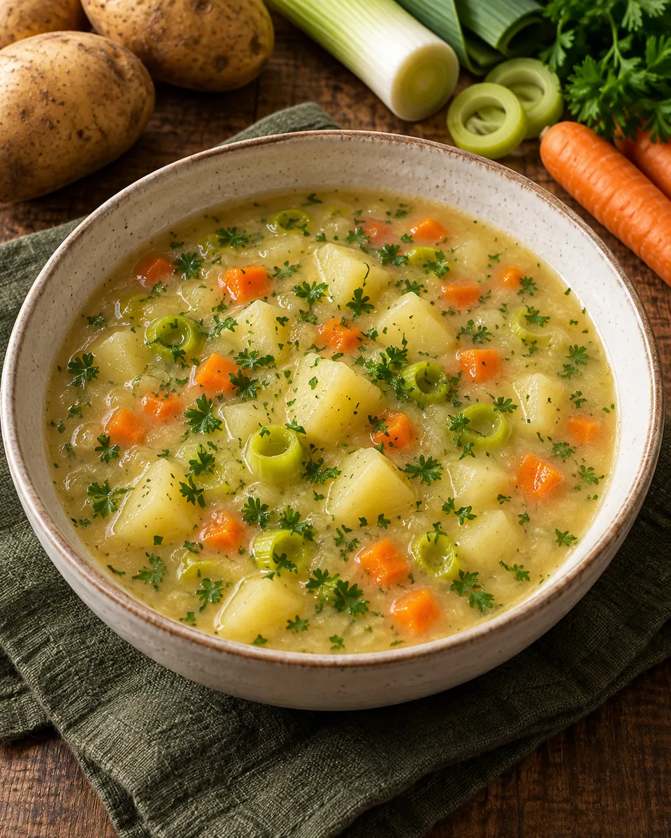 Stückige Kartoffelsuppe mit Lauch, Möhren und fein gehackter Petersilie