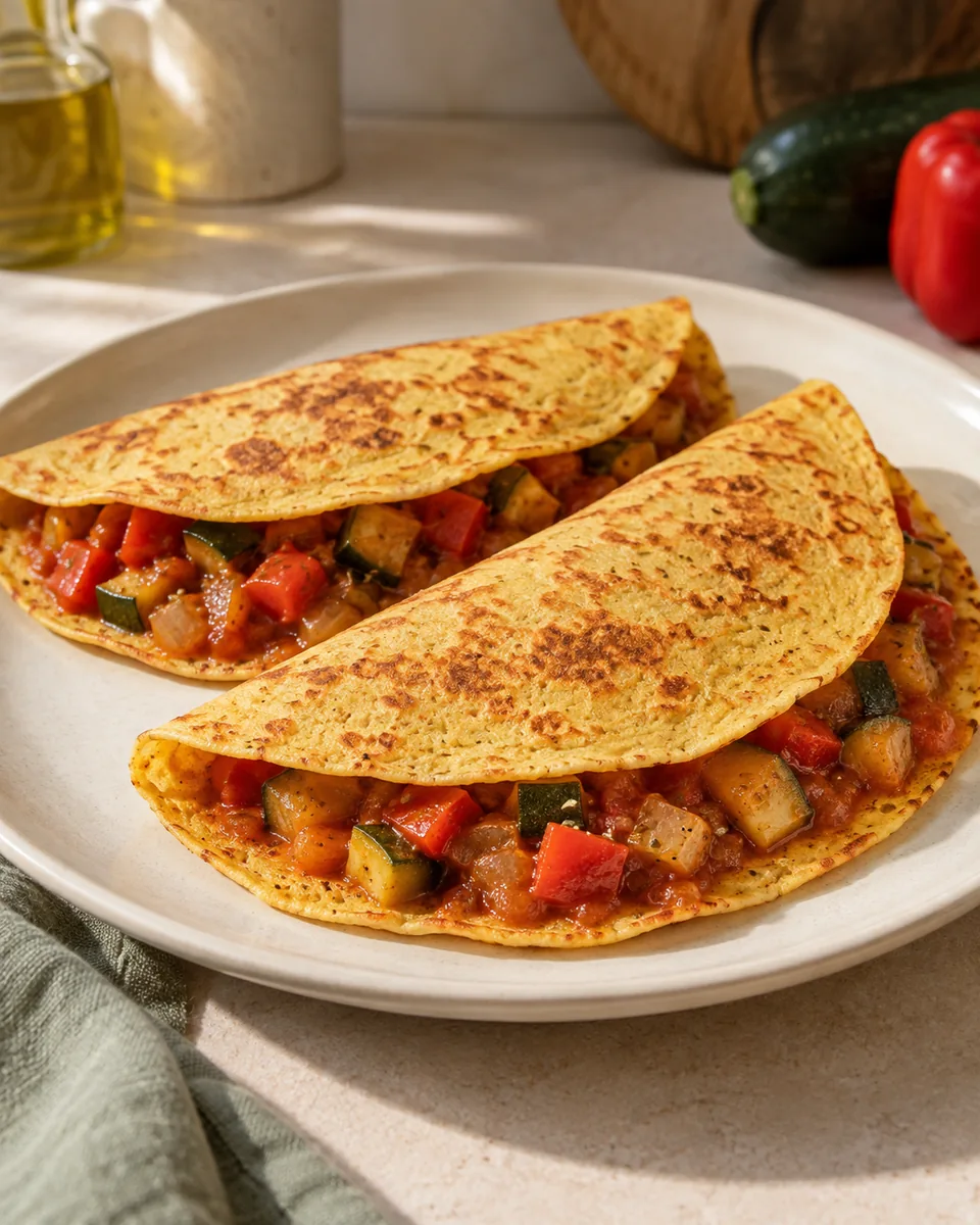 Kichererbsen-Pfannkuchen mit Paprikagemüse – KI-generierte Rezeptillustration