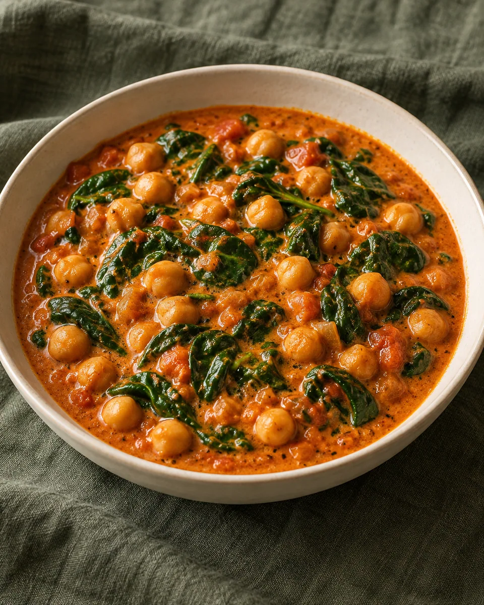 Kichererbsencurry in cremiger Tomaten-Kokos-Sauce mit Blattspinat