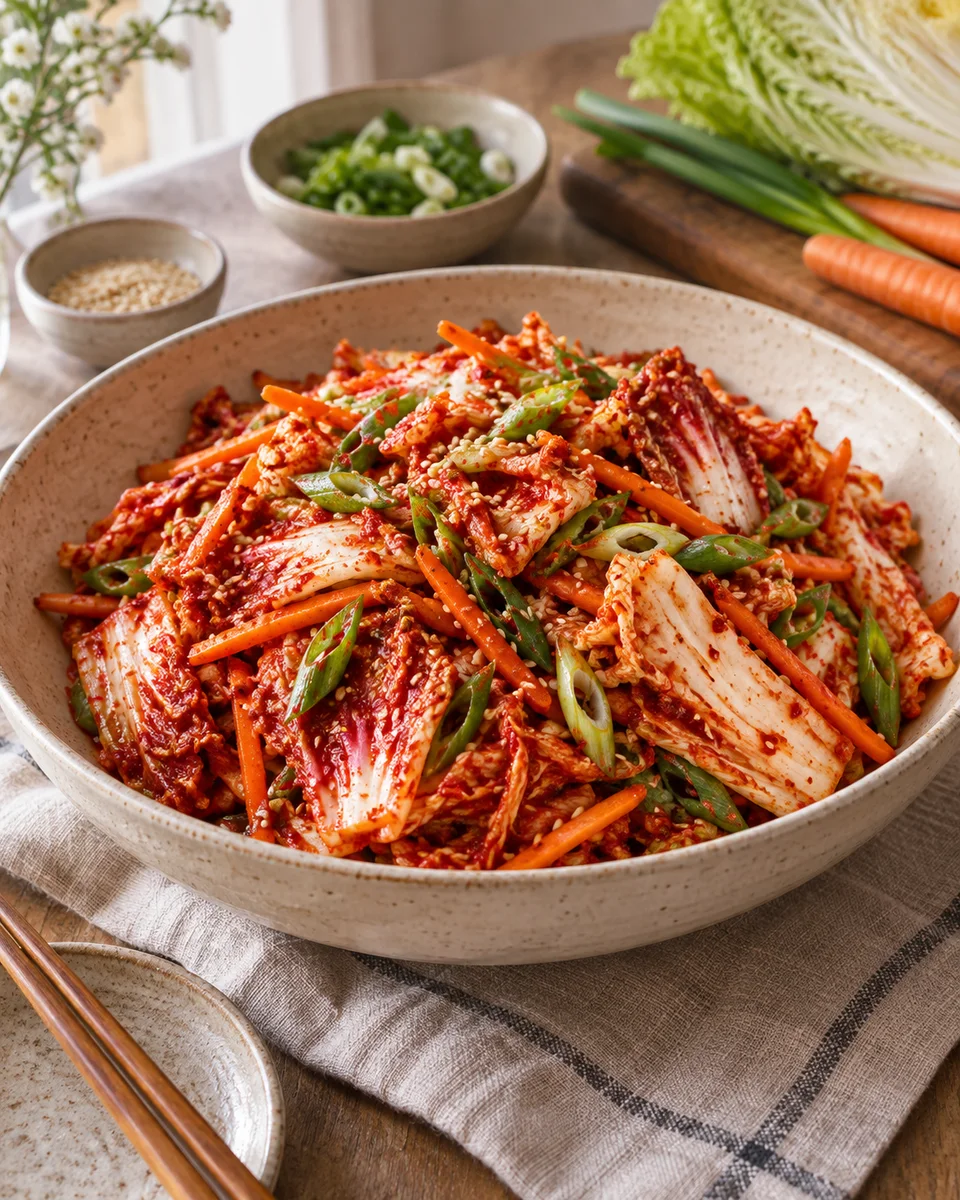 Frischer Kimchi-Salat – Geotjeori, als fertiges Gericht angerichtet. KI-generierte Rezeptillustration.